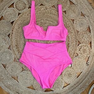 Aerie Hot Pink Textured High Waisted Bikini Set
